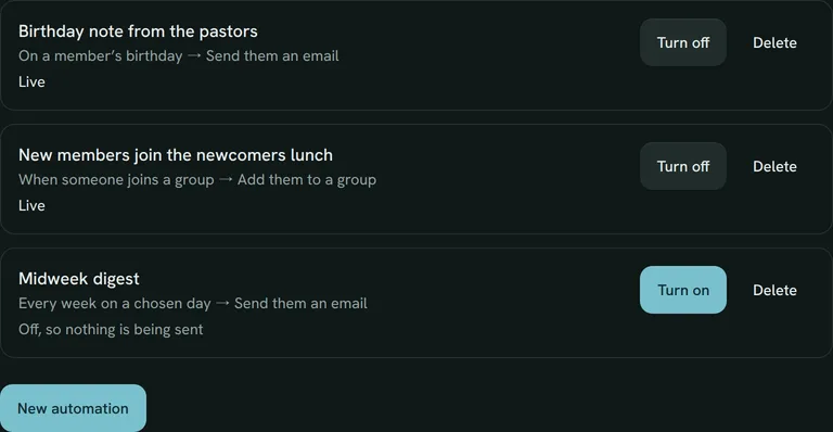 Automations: a birthday email that is live, a group join that adds people to a lunch, and one switched off.