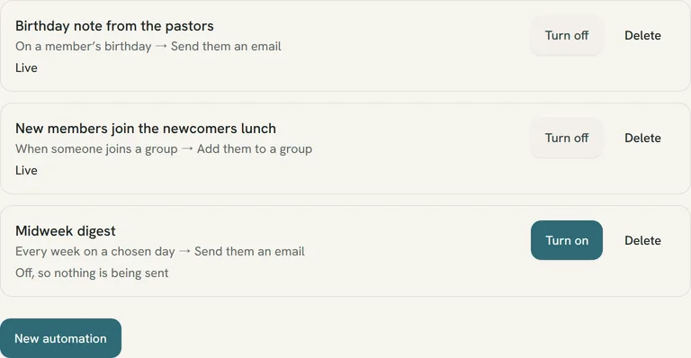 Automations: a birthday email that is live, a group join that adds people to a lunch, and one switched off.