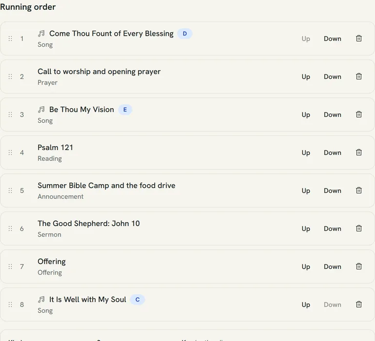 An order of service: songs with their keys, a reading, the sermon and the offering in running order.