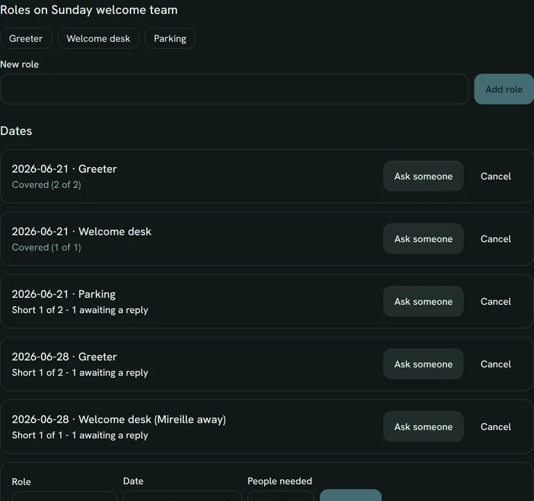 A volunteer rota for two Sundays: covered slots, one awaiting a reply, and a blockout worked around.