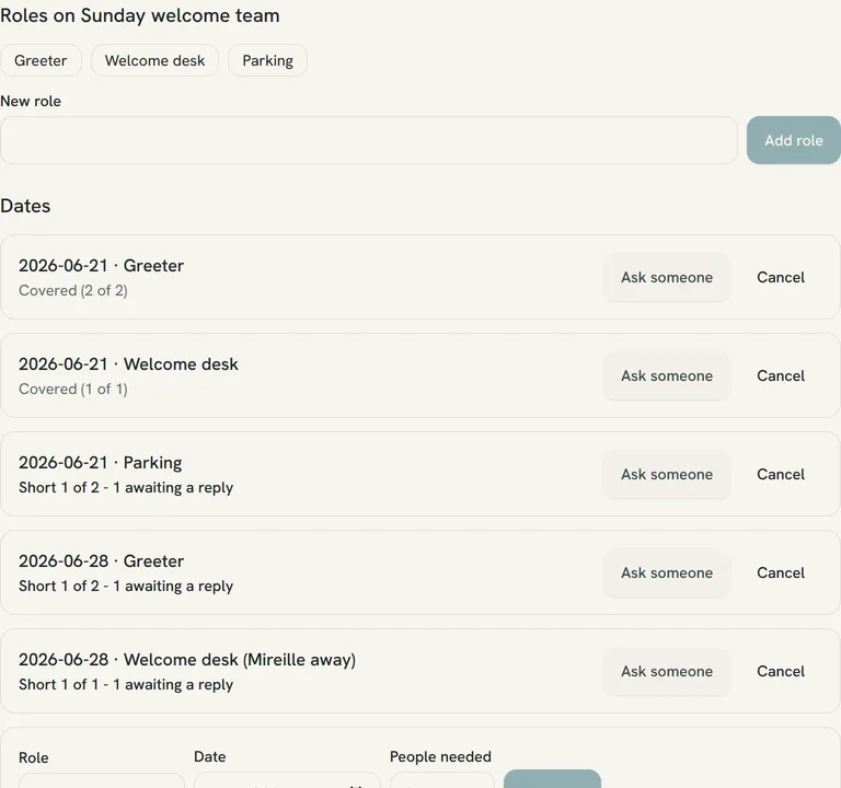 A volunteer rota for two Sundays: covered slots, one awaiting a reply, and a blockout worked around.